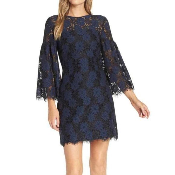 Trina Turk 2-Tone Floral-Lace Bell Sleeve Dress - Picture 5 of 5